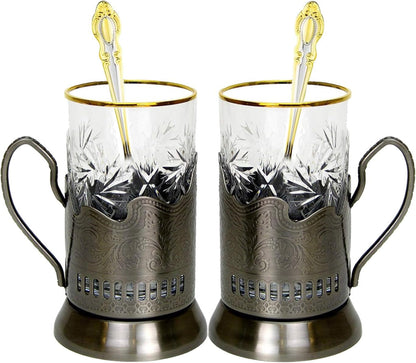 6-Pc Russian Tea Set, 24 Karat Gold Banded Tempered Crystal Glasses with Metal Glass Holders with Handles and Matching Teaspoons Vintage Design (2 Glass/Spoon/Holder)