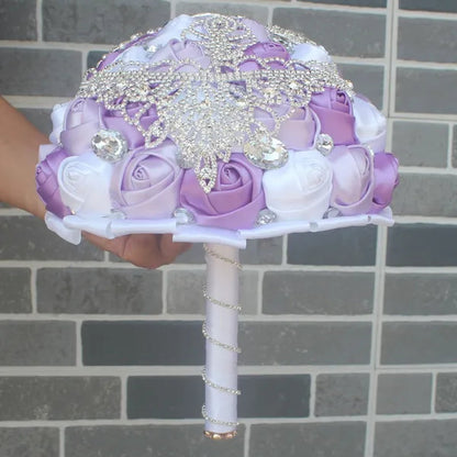 21CM Luxury Crystal Brooch Bridesmaid Bridal Bouquet Shiny Rhinestone Tassel Wedding Flower Bouquet Ribbon Silk Rose Artificial Flower Wedding Supplies
