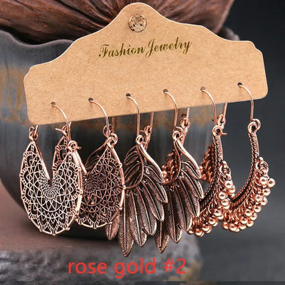 3 Pairs Women's Fashion Jewelry Vintage Bohemian Ethnic Carved Dangle Earrings for Women Charm Geometry Leaves Hoop Earring Wedding Engagement Party Banquet Earrings