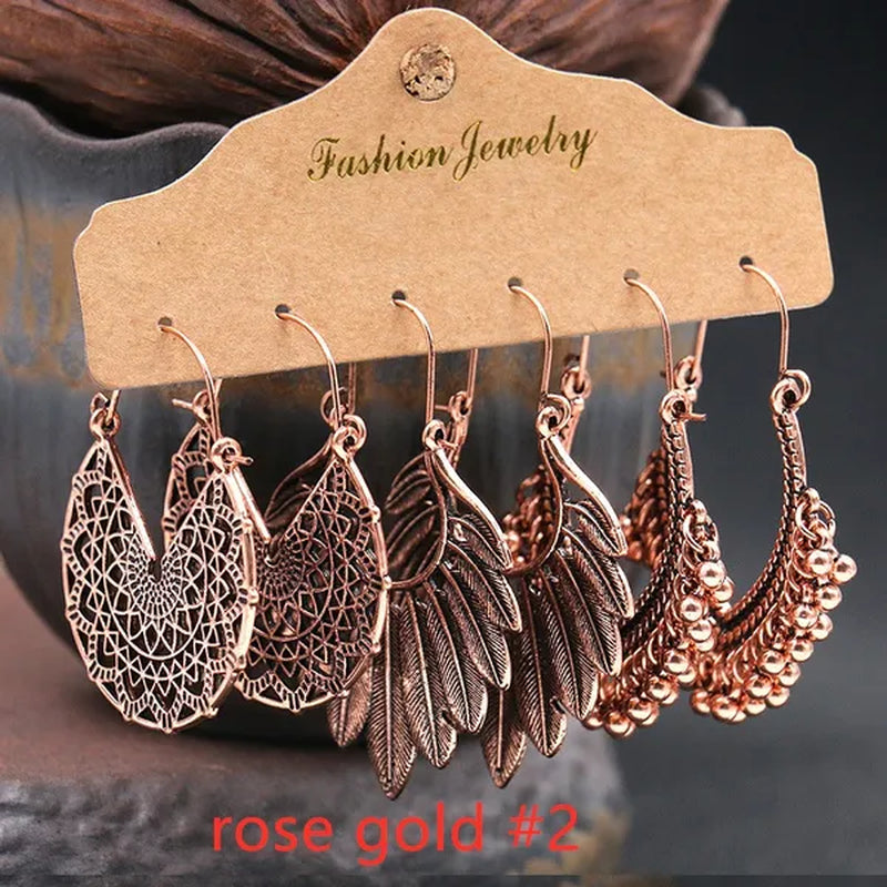 3 Pairs Women's Fashion Jewelry Vintage Bohemian Ethnic Carved 925 Sterling Silver Dangle Earrings for Women Charm Geometry Leaves Hoop Earring Wedding Engagement Party Banquet Earrings