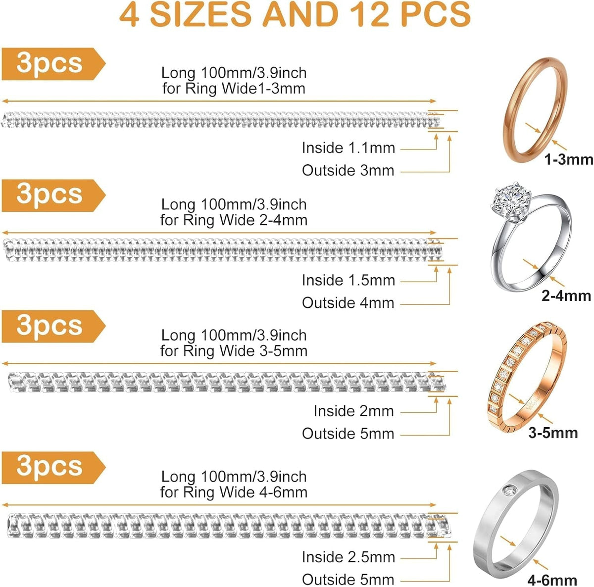 Ring Sizer Adjuster for Loose Rings, 12 Pack 4 Sizes Invisible Clear Silicone Ring Guard for Women Men, Ring Resizer Tightener Spacer Fitter for Too Big Ring, Make Ring Smaller without Resizing
