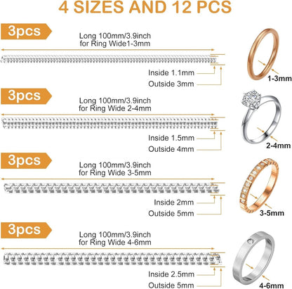 Ring Sizer Adjuster for Loose Rings, 12 Pack 4 Sizes Invisible Clear Silicone Ring Guard for Women Men, Ring Resizer Tightener Spacer Fitter for Too Big Ring, Make Ring Smaller without Resizing