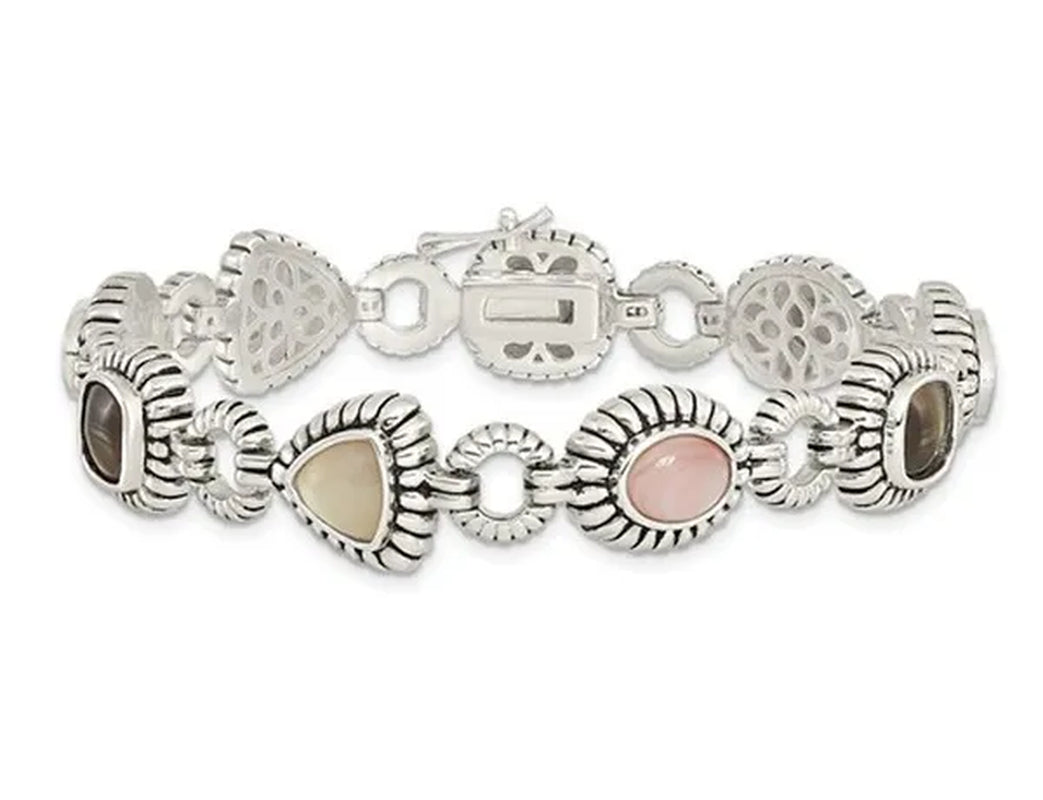 Pink, Black and White Mother of Pearl Bracelet in Sterling Silver (7.75 Inches)