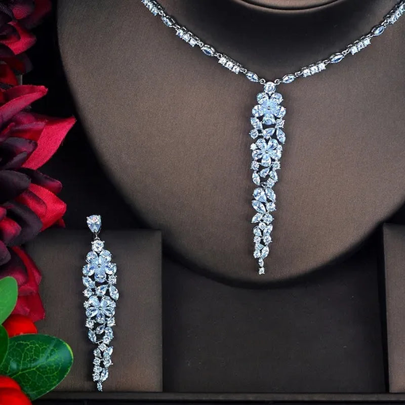 CANDICE Elegant CZ Big Bridal Jewelry Set for Women Red Cubic Zirconia Wedding Party Long Flower Drop Necklace Earrings WIth White Gold Plating