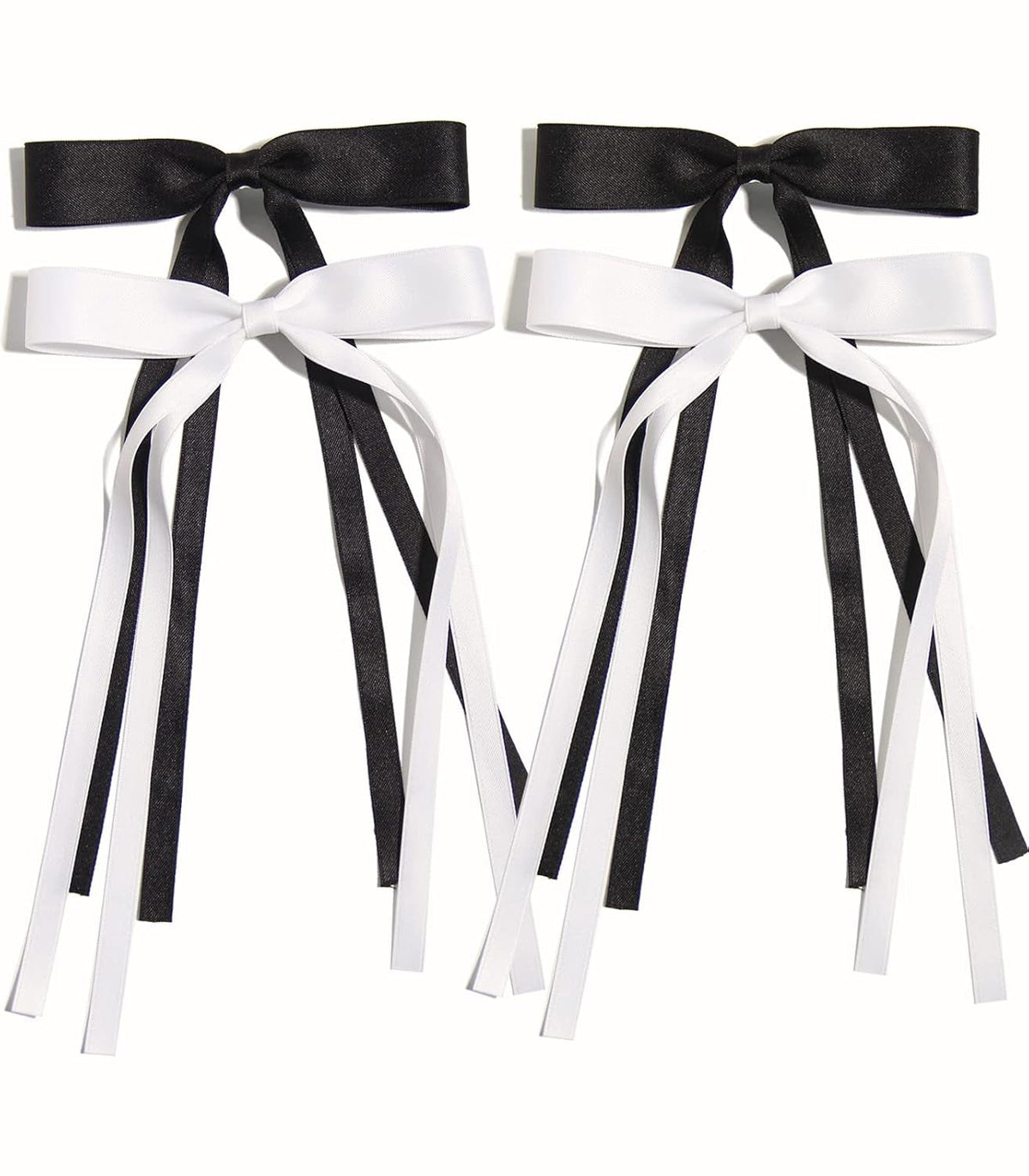 Tassel Ribbon Bowknot Hair Clips for Women - 4Pcs Barrettes with Long Tail, Solid Accessories for Girls, Claw Clips with Bow in Black and White