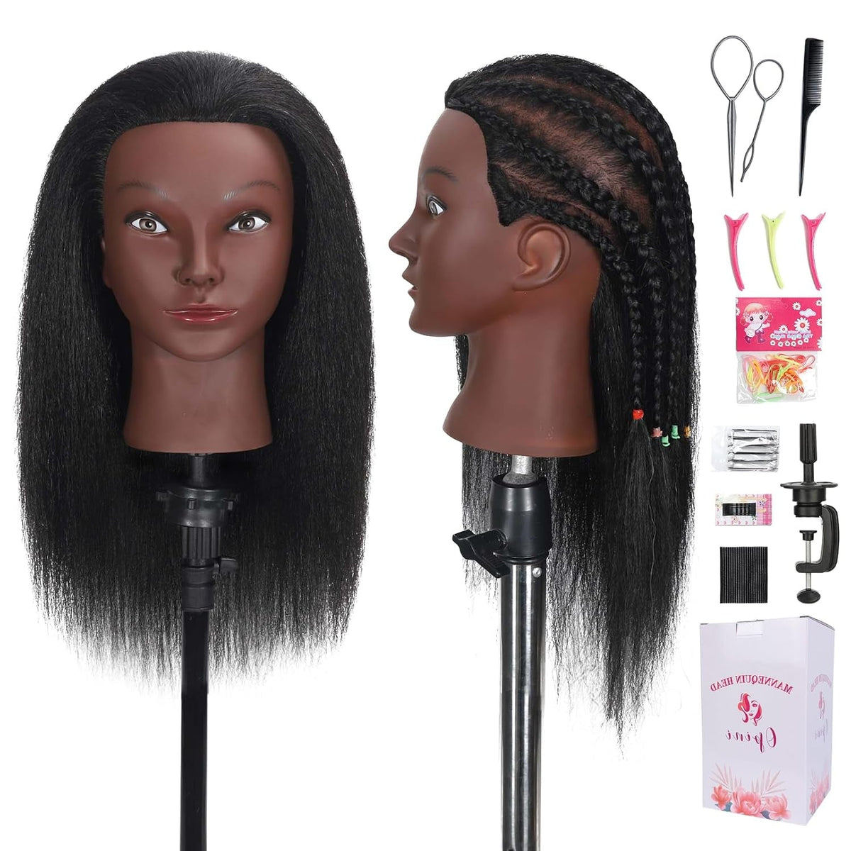 16" Mannequin Head Human Hair with 100% Real Hair Cosmetology Mannequin Doll Head for Hairdresser Practice Braiding Hairstyling with Free Table Clamp Stand (16 Inch)