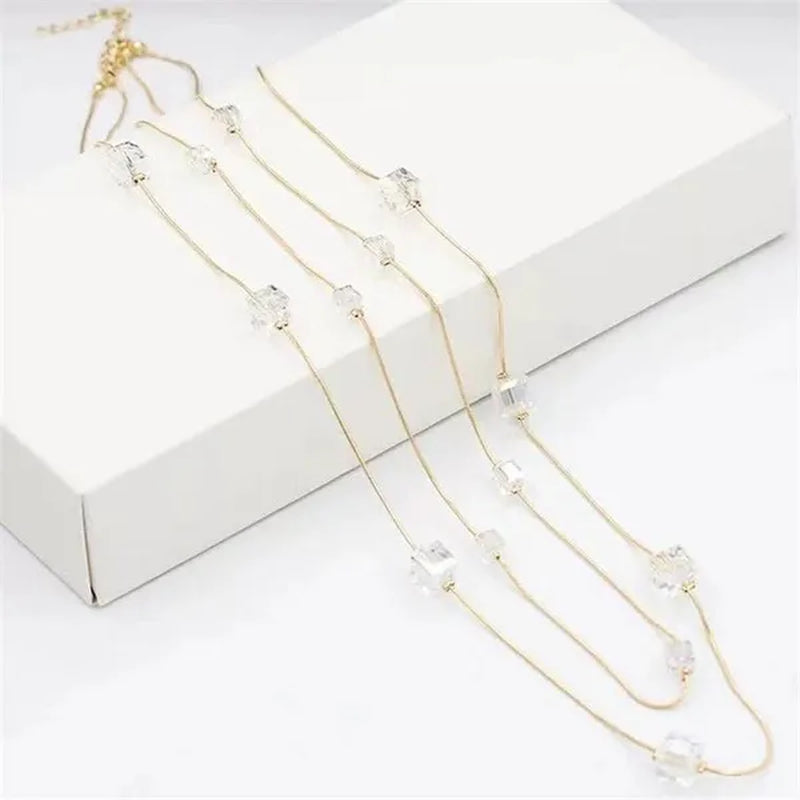 Women's Square Long Chain Sweater Necklace Fashion Double Long Tassel Necklace