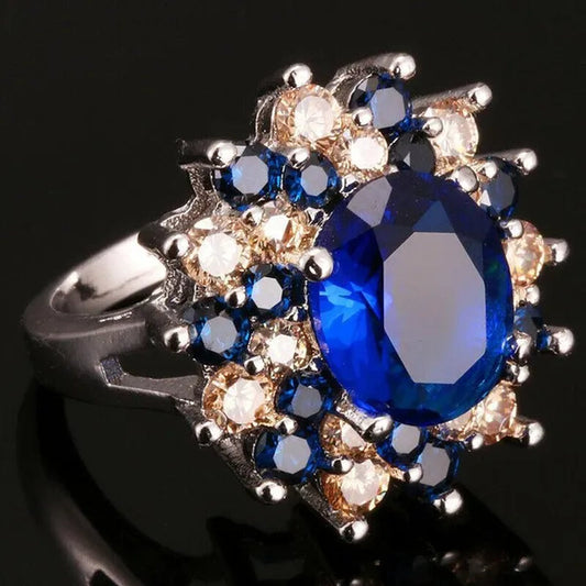 Women Vintage 925 Silver Plated Sapphire CZ Gemstone Ring Jewelry Size 6-10#