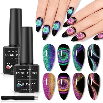 Reflective Cat Eye Gel Nail Polish Sparkling Holographic Magnetic Nail Polish Gel 9D Cateye Gel Polish Set 12 Colors with Magnet for Home DIY Manicure Nail Salon