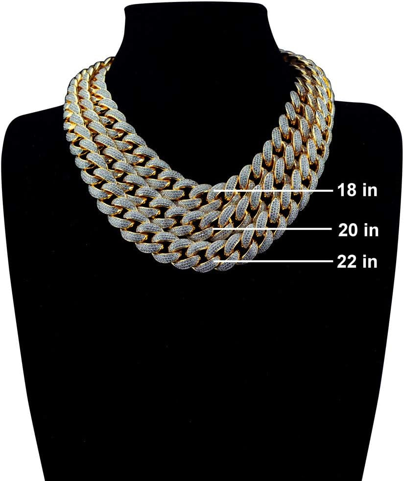 | Iced Lab Diamond Chain Necklace 3 Row Cubic Zirconia - Miami Cuban Link Chain for Men and Women | 18K Yellow Gold and White Gold Plated Choker Necklace