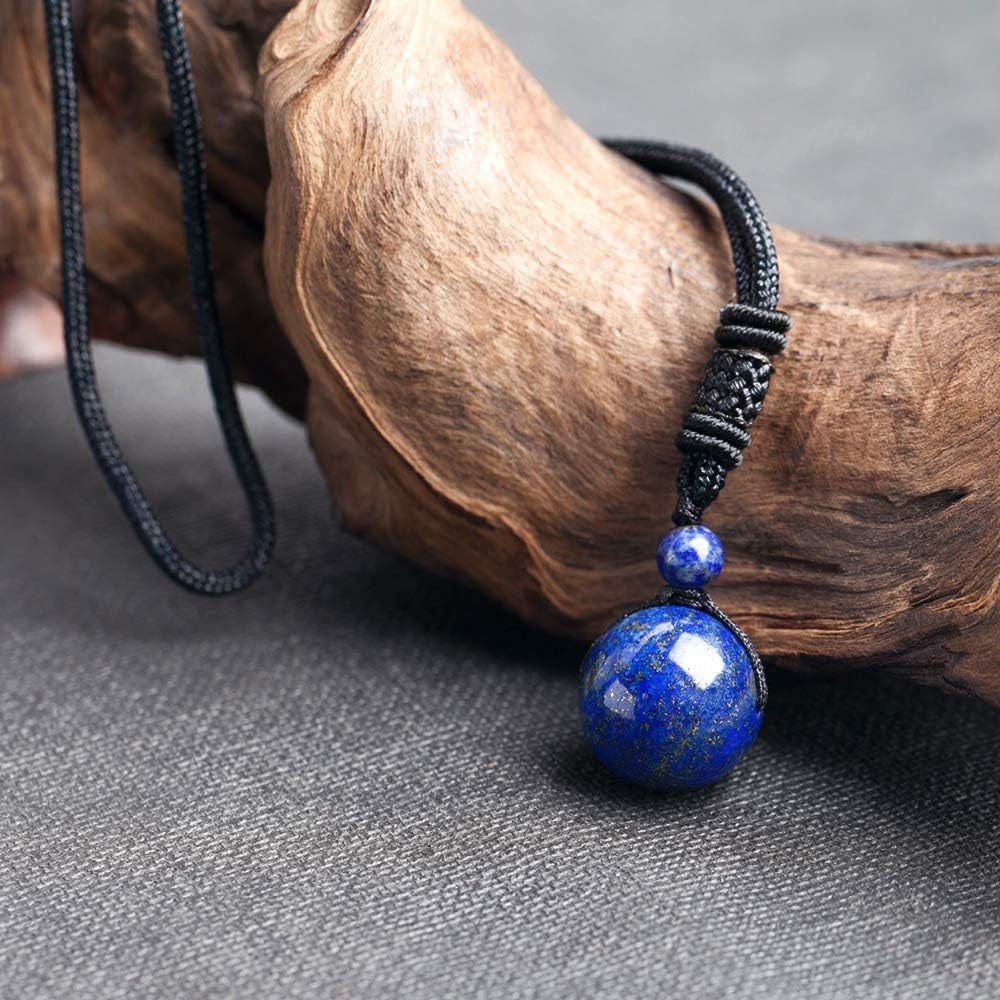 Unisex Genuine round Beads Gemstone Pendant Necklace Black Rope Chain 24 Inch for Men Women