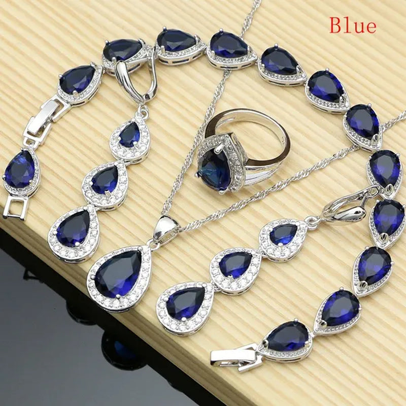 Water Drop 925 Sterling Silver Jewelry Red Ruby White Topaz Jewelry Sets Women Earrings/Pendant/Necklace/Rings/Bracelet