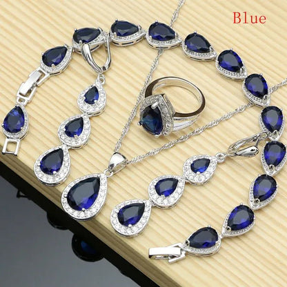 Water Drop 925 Sterling Silver Jewelry Red Ruby White Topaz Jewelry Sets Women Earrings/Pendant/Necklace/Rings/Bracelet