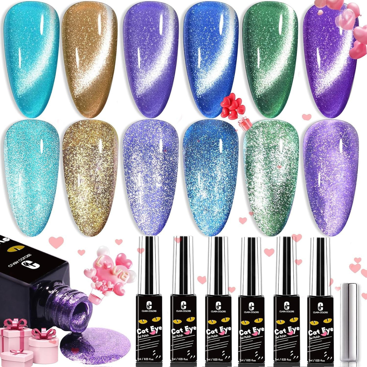 Cat Eye Gel Nail Polish Set of 12 Colors Magnetic Nail Polish Set Holographic Glitter 9D Galaxy Series Cat Eye Gel Polish Set with 2 Magnet Stick for Home DIY Soak Off UV LED