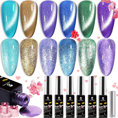 Cat Eye Gel Nail Polish Set of 12 Colors Magnetic Nail Polish Set Holographic Glitter 9D Galaxy Series Cat Eye Gel Polish Set with 2 Magnet Stick for Home DIY Soak Off UV LED