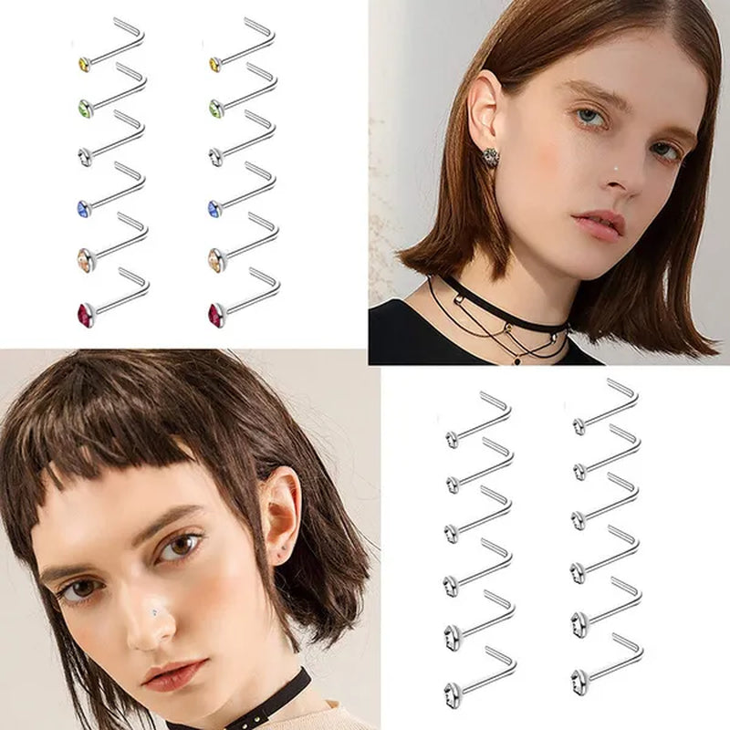 150/100/50PCS Fashion Stainless Steel CZ Crystal L Shape Diamond Rhinestone Nose Ring Body Piercing Stud Jewelry Bone 20 Gauge for Women Girls 2 Types