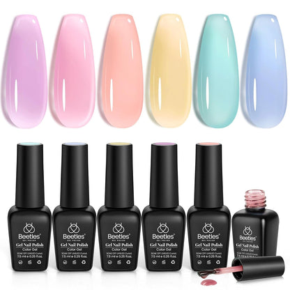Beetles Jelly Crystal Gel Nail Polish Set, 6 Colors Neon Blue Purple Rainbow Yellow Green Orange Gel Polish Kit Uv LED Dryer Cured Spring Summer Nail Trend Gel Nail Art Kit Gifts for Women