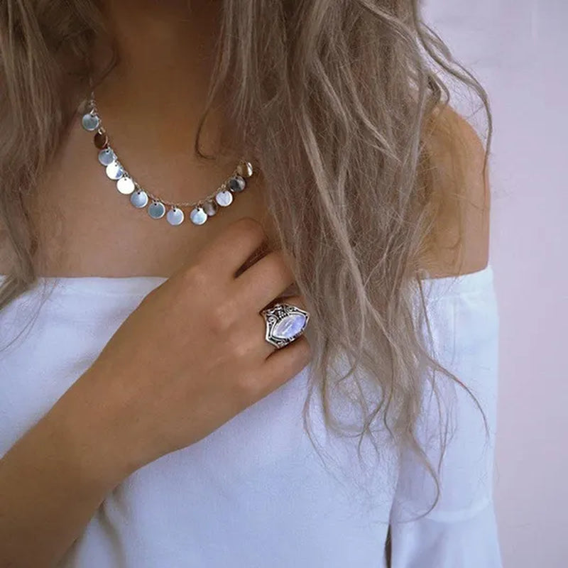 Large Antique Boho Jewelry 925 Solid Sterling Silver Natural Gemstone Marquise Moonstone Rings Size 5-11