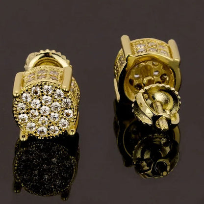 Mens 14K Gold Plated ICED Cz Micropave Earring Stud Round w/ Fully CZ Watch
