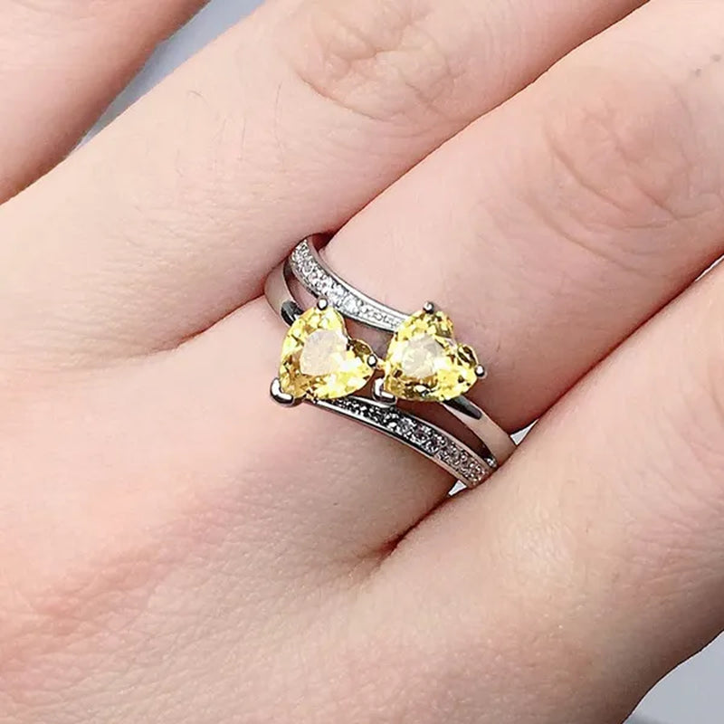Fashion Elegance Silver Color Double Heart-Shaped Zircon Birthstone Bridal Princess Wedding Engagement Party Ring Size 5-11