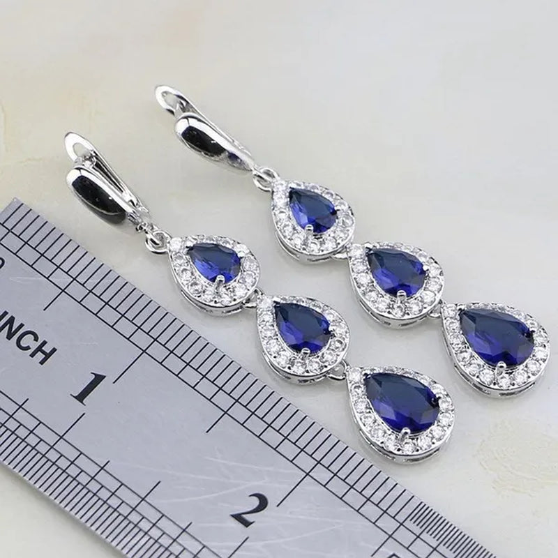Trendy Water Drop Blue Sapphire White Topaz 925 Sterling Silver Jewelry Sets Women Wedding Earrings/Pendant/Necklace/Bracelet
