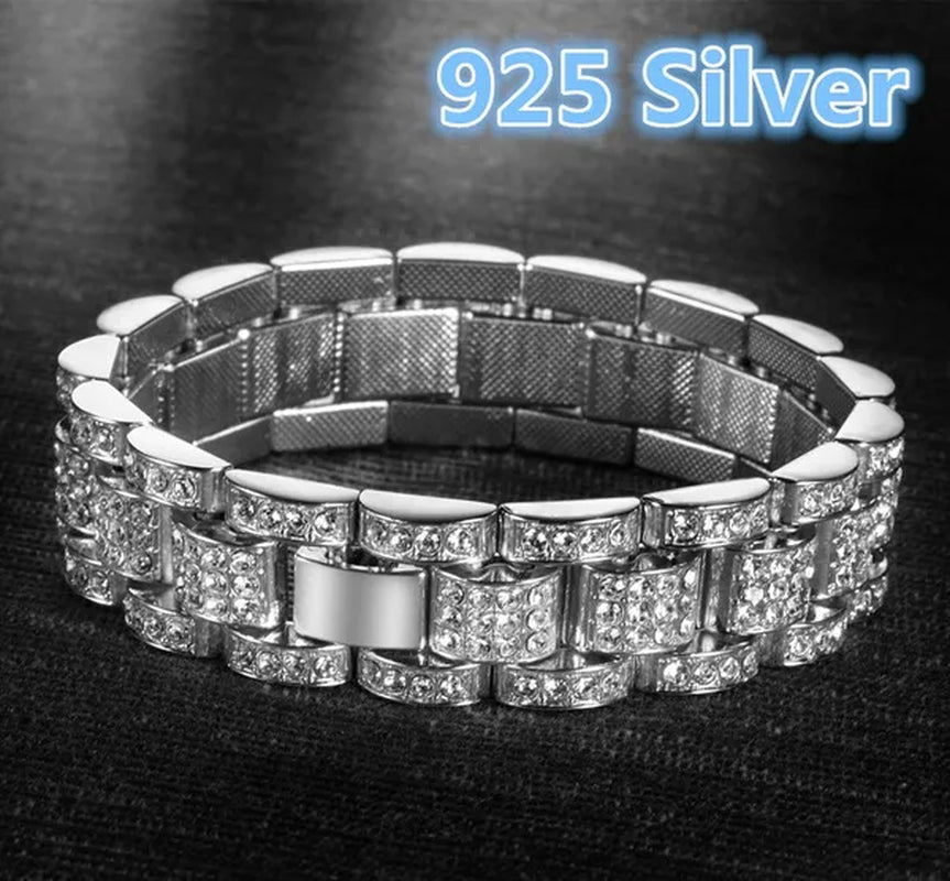 Mens fashion 24K Gold / 925 Silver Plated Solid Stainless Steel Chain Iced Diamond Thick Miami Cuban Link Chain DIAMOND Bracelet Hip hop Jewelry