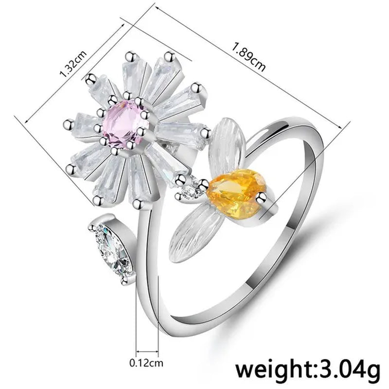 Flower Bees  Silver Multicolor Creative Sweet Cute Princess Rings Daisy Opening Ring Adjustable Ring Anniversary Statement Natural Gemstones Pink Sapphire White Sapphire Ring