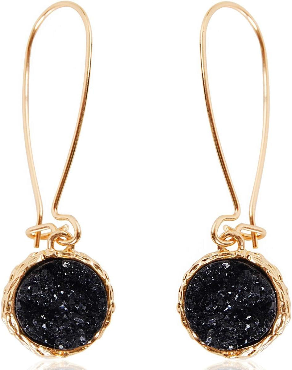Humble Chic Simulated Druzy Threader Drop Earrings for Women - Gold, Silver, or Rose Gold Tone Trendy Boho Dangles with Sparkly Round Stone