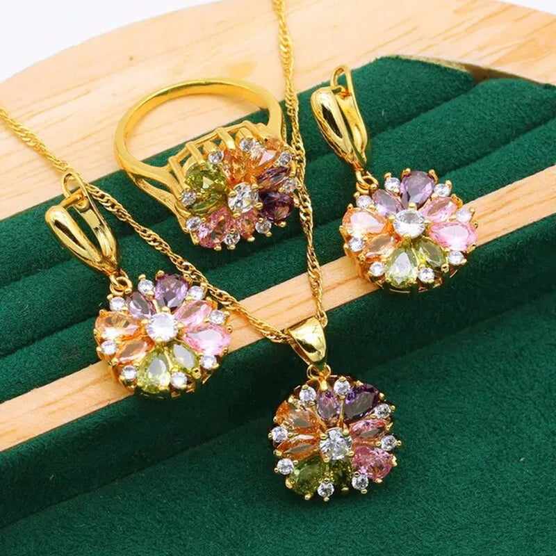 Classic Gold Color Jewelry Sets for Women Wedding Multi Color Zircon Bracelet Earrings Necklace Pendant Ring 4PCS