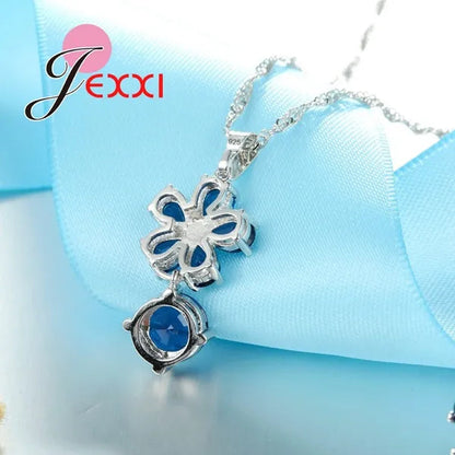 Flower Blue Crystal Sterling Silver Women Trendy Necklace Earrings Ring Bridal Wedding Jewelry Set