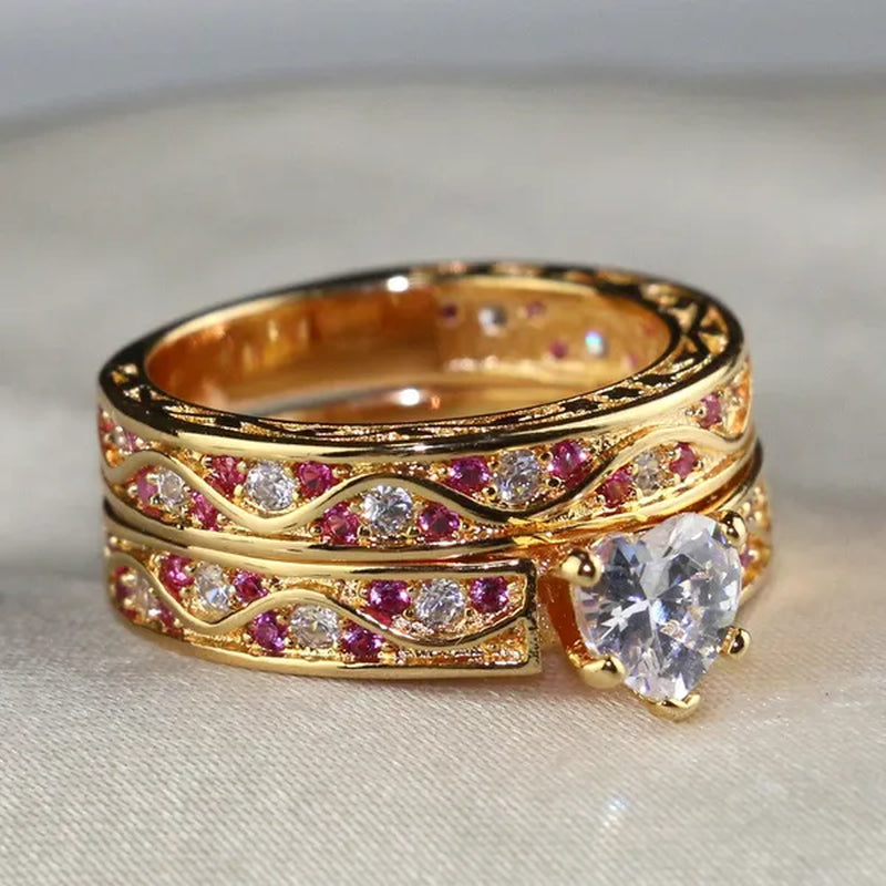 Sz 6-9 Cocktail Ring Champagne Gold Heart Zircon Ruby Women's Wedding Ring Engagement Ring Sets