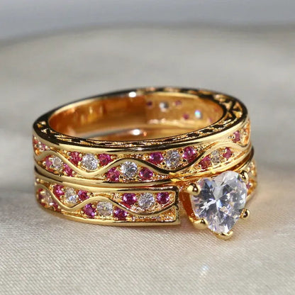 Sz 6-9 Cocktail Ring Champagne Gold Heart Zircon Ruby Women's Wedding Ring Engagement Ring Sets