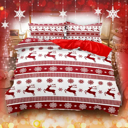 3Pcs/Set Christmas Duvet Cover Pillowcase Set,Christmas Holiday Decorative Comforter Cover Set Red with Christmas Reindeer and Snowflake Patterns Pillowcase (Quilt, pillow heart not included)