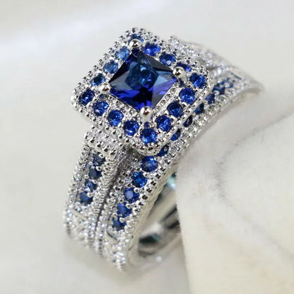 Two Rings Couple Rings Forever Love 316L Stainless Steel Men's Ring 10kt White Gold Filled Princess cut 1ct Sapphire Women's Wedding Ring Sets