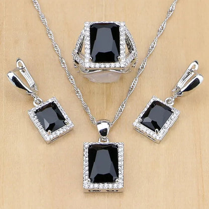 Women 925 Sterling Silver Jewelry Black Sapphire White Birthstones Jewelry Set Wedding Earrings/Pendant/Necklace/Ring