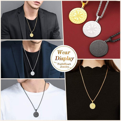 Viking Medal Necklace for Men Sturdy Stainless Steel Pendant Necklaces Retro Norse Mythology Jewelry with Gift Box
