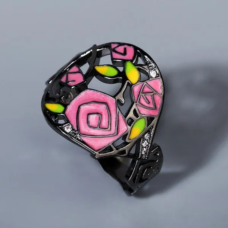 Fashion Personality Black Rose Lady Flower Ring 925 Silver Jewelry Hand-painted Oil Painting Handmade Enamel Ring Women Jewelry