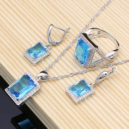 Square Sky Blue Topaz 925 Sterling Silver Jewelry Sets for Women Earrings/Pendant/Necklace/Rings/Bracelet
