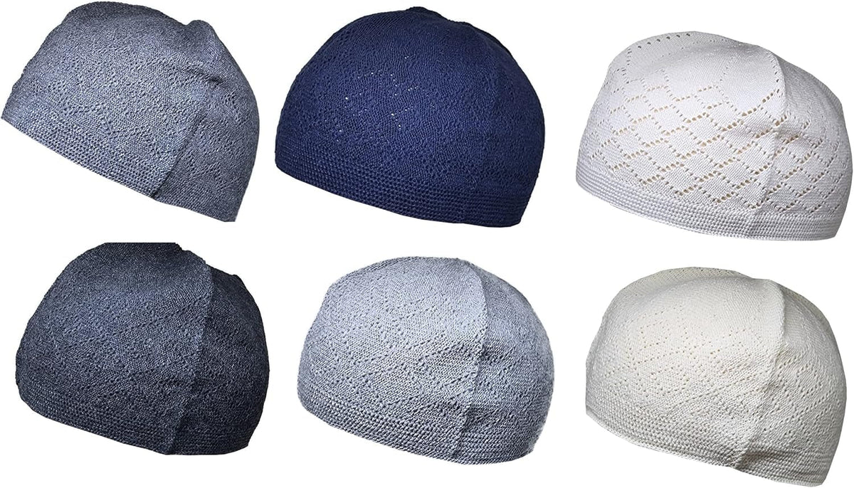 Pack 6 Colors Muslim Beanie Prayer Cap Amn-334 Islam Kufi Hat Knit Crochet Taqiyah Takke Skull Topi Headware Eid Ramadan Gift