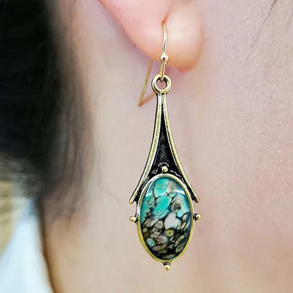 1 pair Antique 925 Sterling Silver Pendant Earrings Natural Gemstone Inlay Dangle Earrings Bridal Engagement Wedding Anniversary Gift  Bohemian Style Earrings