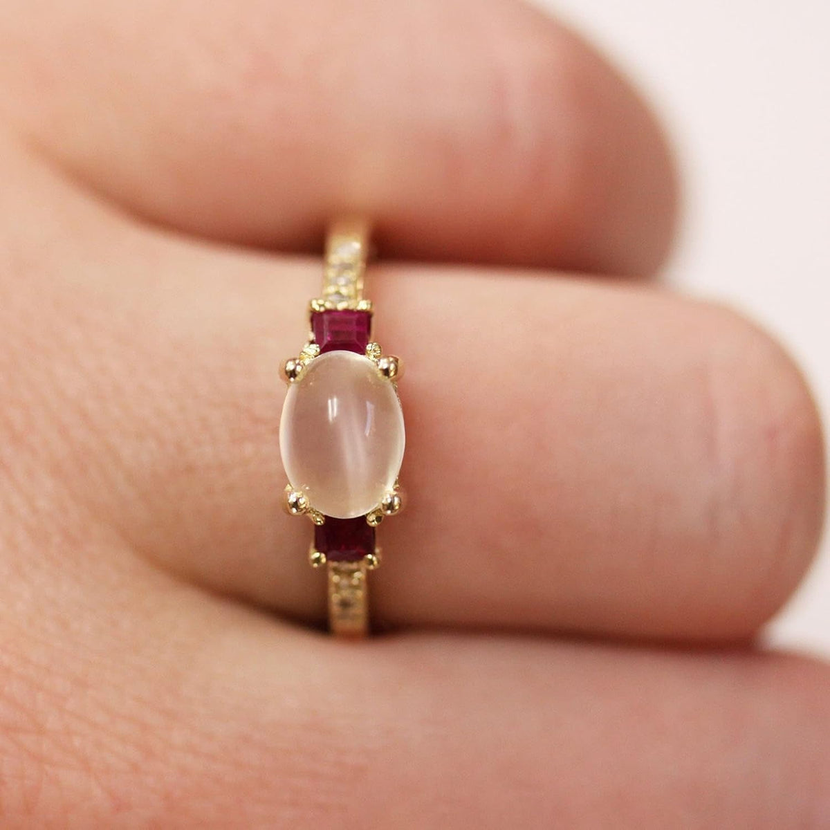 2.65 Ct Tw Natural Cabochon Moonstone, Red Ruby & Diamond Solid 14K Rose Gold 3 Stone Engagement Ring for Women 6 Mm (18K Yellow Gold, 7.5)