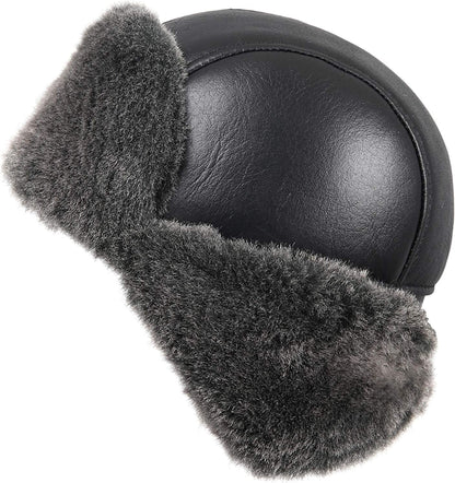 Leather Aviator Shearling Ushanka Trapper Hat Russian Sheepskin Cap Real Fur Winter Hat with Ear Flaps for Men Women