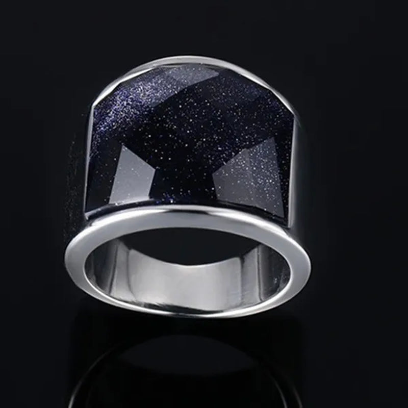 Men's Fashion Jewelry High Polished Silver Titanium Steel Ring With Blue Gravel (Blue Sandstone) Mens Wedding Band Fine Rings