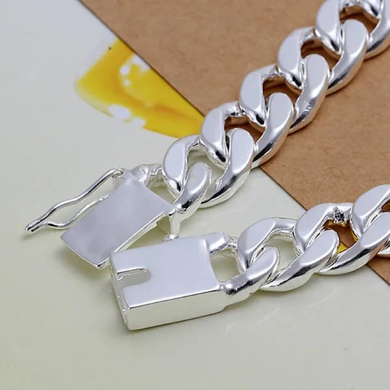 FASHION Classic Men's Silver Jewelry Bracelet 925 Silver Gold Bracelet Glossy Bracelet 10MM Italian Silver Cuban Chain Safety Clasp