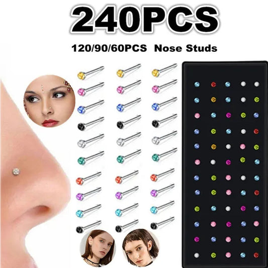 New Fashion Stainless Steel CZ Crystal Straight Shape Diamond Rhinestone Nose Ring Body Piercing Stud Jewelry Bone 20 Gauge for Women Girls 2 Types