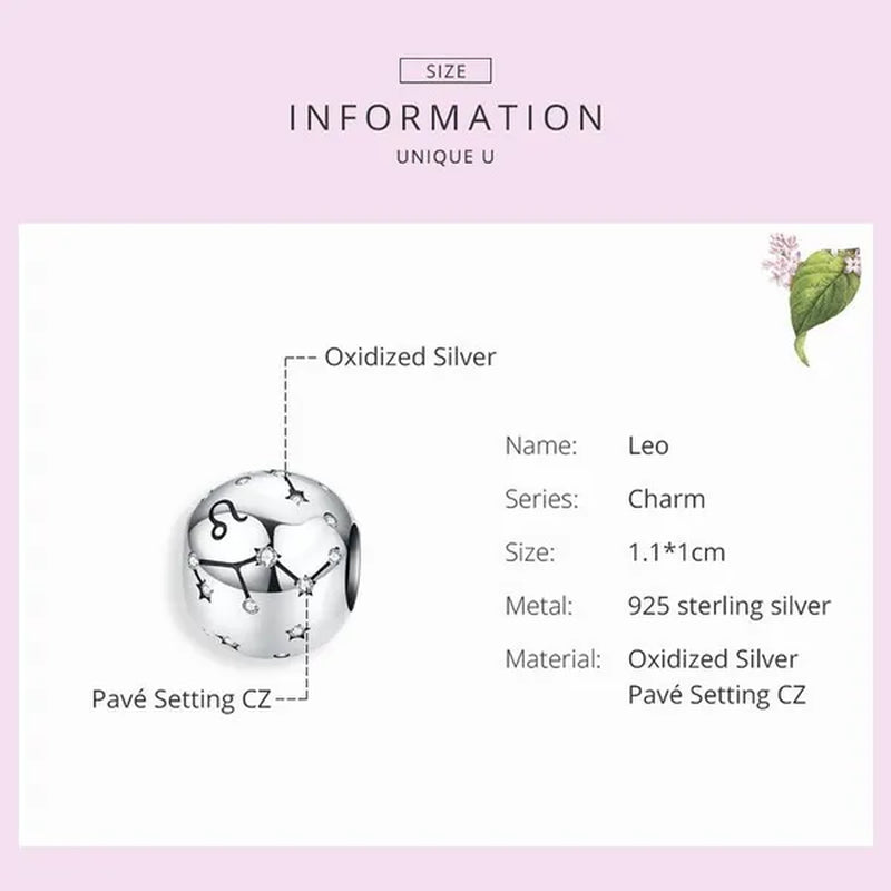 European Hot 12 Constellation Zodiac Round 925 Sterling Silver Beads Charm for Women Bracelet  Shining CZ Charm Fit Original Bangle Necklace DIY Jewelry Making