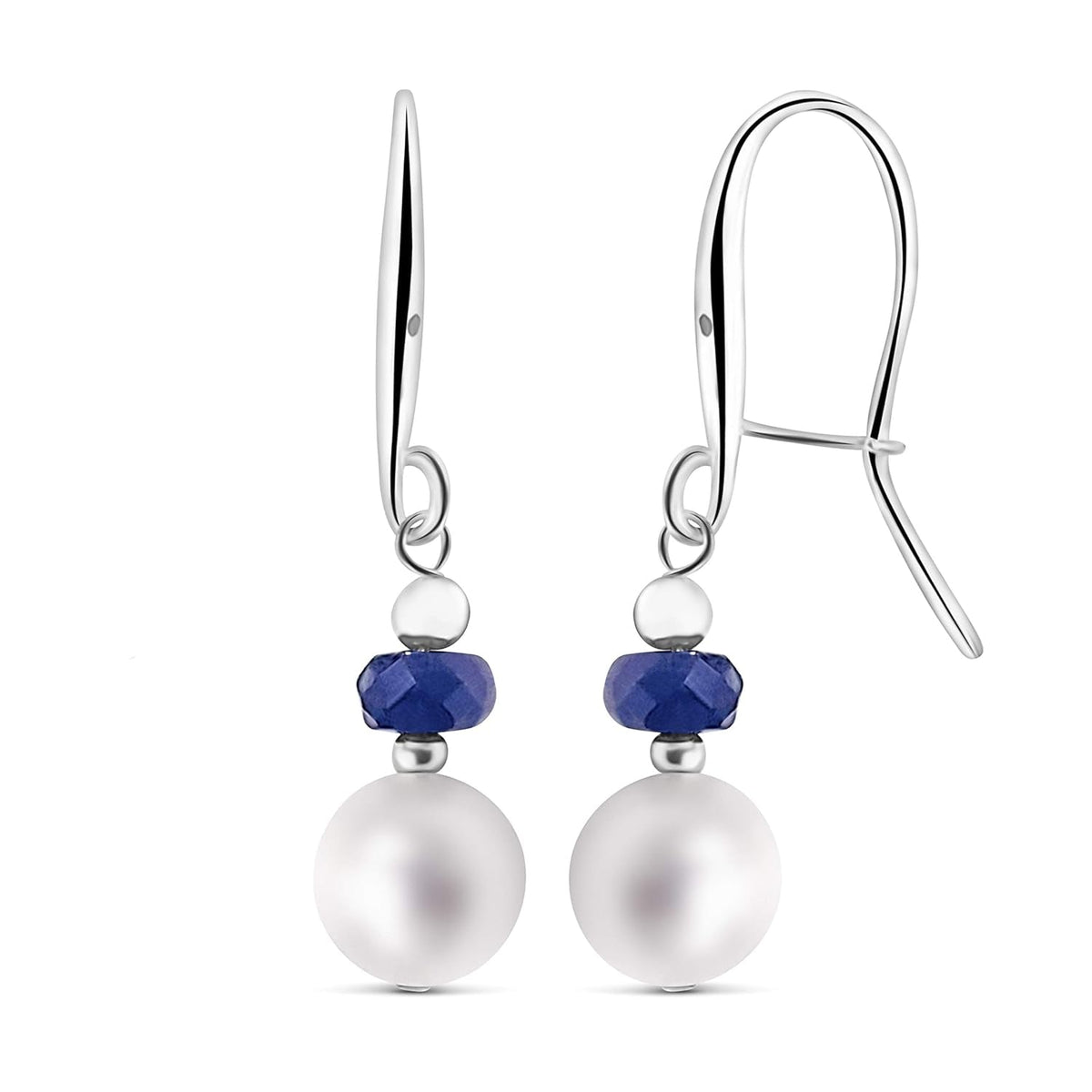Real Stone and Freshwater Pearl Drop Earrings with Solid 925 Sterling Silver and Gold Dangle Birthstone Jewelry Gift for Her  (Sapphire, Sterling-Silver)