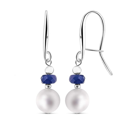 Real Stone and Freshwater Pearl Drop Earrings with Solid 925 Sterling Silver and Gold Dangle Birthstone Jewelry Gift for Her  (Sapphire, Sterling-Silver)