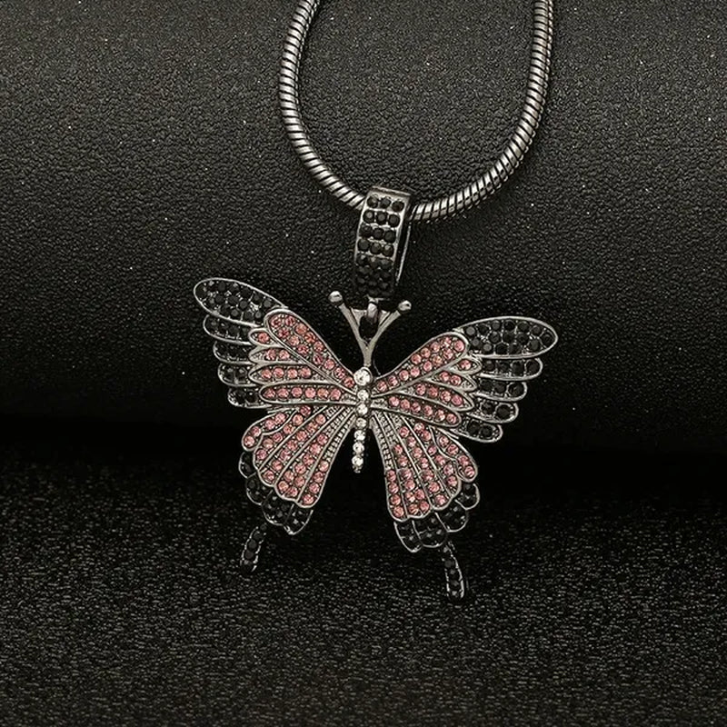 Colorful butterfly pendant necklace set with diamond alloy, snake chain, hip hop necklace for men and women