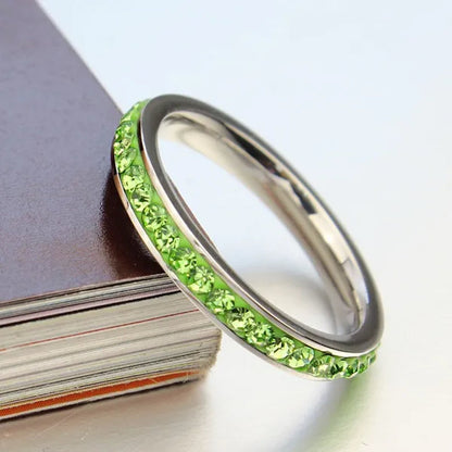 4MM Stackable Stainless Steel Eternity Plain Band Ring Men Women Drop Oil Green CZ Inlay Cubic Zircon Filled Crystals Birthstones Wedding Engagement Anniversary Valentine Cocktail Birthday Gift  Size 6, 7,8,9,10,11,12